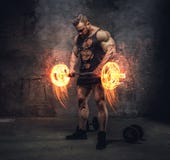 Bodybuilder Holding Burning Barbell. Royalty Free Stock Photos