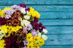 Boeket van kleurenchrysanten op een blauwe achtergrond royalty-vrije stock fotografie Boeket van kleurenchrysanten op een blauwe achtergrond royalty-vrije stock fotografie