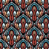Boho flower damask all over print. Seamless repeating pattern swatch. Red black bohemian folk motif background. Hand drawn stock illustration Boho flower damask all over print. Seamless repeating pattern swatch. Red black bohemian folk motif background. Hand drawn stock illustration