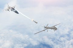 Bojowy wojownik wszczyna pociski przy celem - uav bezpilotowy militarny truteń Konflikt, wojna Kosmiczne siły obrazy royalty free Bojowy wojownik wszczyna pociski przy celem - uav bezpilotowy militarny truteń Konflikt, wojna Kosmiczne siły obrazy royalty free