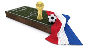 bola de futebol 3D e troféu no remendo da grama com bandeira Fotografia de Stock bola de futebol 3D e troféu no remendo da grama com bandeira Fotografia de Stock