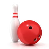 Bola y perno de bolos con las rayas rojas aisladas en el fondo blanco Imagen de archivo Bola y perno de bolos con las rayas rojas aisladas en el fondo blanco Imagen de archivo