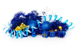 Bolas de la Navidad y azul azules, cajas de regalo del oro fotos de archivo Bolas de la Navidad y azul azules, cajas de regalo del oro fotos de archivo