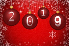 Bolas rojas abstractas de la Navidad con el número 2019, las estrellas y snowfla libre illustration Bolas rojas abstractas de la Navidad con el número 2019, las estrellas y snowfla libre illustration