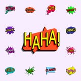 Bolha cômica do discurso com ícone de haha do texto da expressão grupo universal dos ícones cômicos para a Web e o móbil ilustração stock Bolha cômica do discurso com ícone de haha do texto da expressão grupo universal dos ícones cômicos para a Web e o móbil ilustração stock