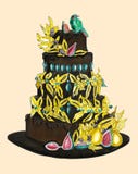Bolo de chocolate com o ouro decorado com pássaros ilustração royalty free Bolo de chocolate com o ouro decorado com pássaros ilustração royalty free