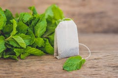 Bolsitas de té en fondo de madera con el toronjil fresco, menta Té con concepto de la menta fotos de archivo libres de regalías Bolsitas de té en fondo de madera con el toronjil fresco, menta Té con concepto de la menta fotos de archivo libres de regalías