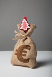Bolso del vintage con el dinero, muestra euro y A?o Nuevo y ?rbol de navidad imagen de archivo Bolso del vintage con el dinero, muestra euro y A?o Nuevo y ?rbol de navidad imagen de archivo