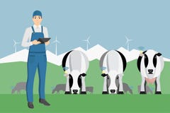 Bonde med den digitala minnestavlan på beta för nötkreatur royaltyfri illustrationer Bonde med den digitala minnestavlan på beta för nötkreatur royaltyfri illustrationer