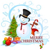 Boneco de neve com o presente no fundo do inverno para a celebração do feriado do Feliz Natal ilustração stock Boneco de neve com o presente no fundo do inverno para a celebração do feriado do Feliz Natal ilustração stock