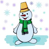 Boneco de neve em um fundo branco com flocos de neve ilustração stock Boneco de neve em um fundo branco com flocos de neve ilustração stock