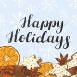 Bonnes fêtes Illustration de fête avec des biscuits, des épices et des oranges illustration stock Bonnes fêtes Illustration de fête avec des biscuits, des épices et des oranges illustration stock