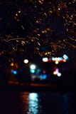 Boomtakken en licht op de rivier met bokeh bij nacht stock fotografie Boomtakken en licht op de rivier met bokeh bij nacht stock fotografie