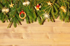 Border with Christmas tree branches and decorations. Copy space for text royalty free stock photo Border with Christmas tree branches and decorations. Copy space for text royalty free stock photo
