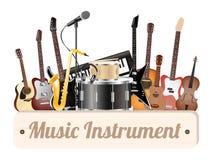 Bordo di legno dello strumento di musica con il microfono e il headpho elettrici della tastiera del sassofono delle ukulele del v illustrazione vettoriale Bordo di legno dello strumento di musica con il microfono e il headpho elettrici della tastiera del sassofono delle ukulele del v illustrazione vettoriale