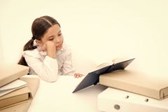 Boring task homework. Get rid of boring task. Girl bored pupil sit at desk with folders and books. Issues of formal royalty free stock photography Boring task homework. Get rid of boring task. Girl bored pupil sit at desk with folders and books. Issues of formal royalty free stock photography