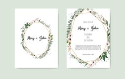 Botanical wedding invitation card template design, white and pink flowers on white background. royalty free illustration Botanical wedding invitation card template design, white and pink flowers on white background. royalty free illustration