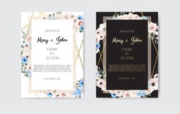 Botanical wedding invitation card template design, white and pink flowers on white and black background. royalty free illustration Botanical wedding invitation card template design, white and pink flowers on white and black background. royalty free illustration