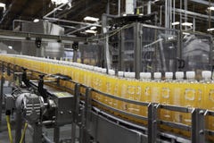 Botellas del zumo de naranja en transportador en planta de embotellamiento fotografía de archivo libre de regalías Botellas del zumo de naranja en transportador en planta de embotellamiento fotografía de archivo libre de regalías