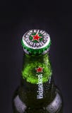 Bottiglia della birra di Heineken sopra fondo di legno nero immagini stock Bottiglia della birra di Heineken sopra fondo di legno nero immagini stock