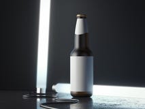 Bottiglia di vetro della birra scura con l'etichetta in bianco accanto alle lampade illuminate, rappresentazione 3d immagini stock libere da diritti Bottiglia di vetro della birra scura con l'etichetta in bianco accanto alle lampade illuminate, rappresentazione 3d immagini stock libere da diritti
