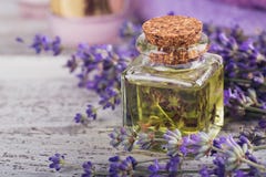 Bottle Of Essential Oil And Fresh Lavender Flowers Royalty Free Stock Photo