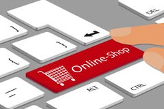 Bottone online del carretto e del negozio sulla tastiera con il dito - illustrazione di vettore illustrazione di stock Bottone online del carretto e del negozio sulla tastiera con il dito - illustrazione di vettore illustrazione di stock