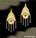 Boucles d'oreille à chaînes en filigrane d'art déco de luxe, bijou avec le petit saphir bleu, bijoux élégants antiques d'or, mode illustration de vecteur Boucles d'oreille à chaînes en filigrane d'art déco de luxe, bijou avec le petit saphir bleu, bijoux élégants antiques d'or, mode illustration de vecteur