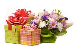 Bouquet And Present Boxes Royalty Free Stock Photos