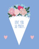 A bouquet of beautiful flowers. Pink flowers in a gift box. A gift for Valentine`s Day and women`s Day. Lettering stock illustration A bouquet of beautiful flowers. Pink flowers in a gift box. A gift for Valentine`s Day and women`s Day. Lettering stock illustration