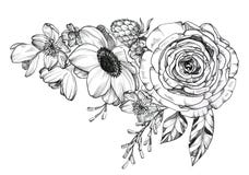 Bouquet tir? par la main de tatouage ? l'encre noire photographie stock Bouquet tir? par la main de tatouage ? l'encre noire photographie stock