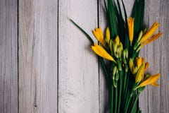 bouquet of yellow lilies on a wooden background, wedding bouquet stock photo bouquet of yellow lilies on a wooden background, wedding bouquet stock photo