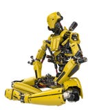 Bourdon superbe de robot jaune méga faisant la vue de côté de yoga à un arrière-plan blanc Bourdon superbe de robot jaune méga faisant la vue de côté de yoga à un arrière-plan blanc