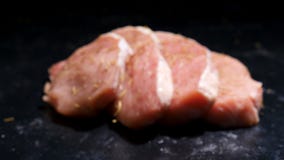 Bourdonnez dedans de hors focale à au foyer sur quatre morceaux de viande crue chevronnée de porc banque de vidéos Bourdonnez dedans de hors focale à au foyer sur quatre morceaux de viande crue chevronnée de porc banque de vidéos