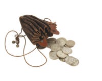 Bourse de pièce de monnaie de cru avec de vieilles pièces de monnaie image libre de droits Bourse de pièce de monnaie de cru avec de vieilles pièces de monnaie image libre de droits