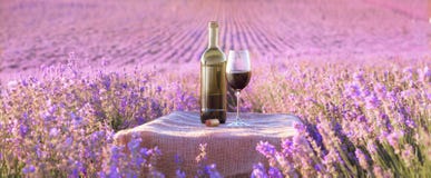 Bouteille de vin contre la lavande Photos libres de droits Bouteille de vin contre la lavande Photos libres de droits