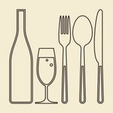 Bouteille, verre de champagne, fourchette, couteau et cuillère illustration stock Bouteille, verre de champagne, fourchette, couteau et cuillère illustration stock