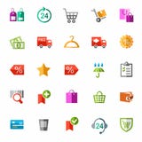 Boutique en ligne, paiement, la livraison, remises, icônes colorées illustration libre de droits Boutique en ligne, paiement, la livraison, remises, icônes colorées illustration libre de droits