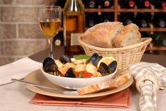 Bowl Of Seafood Soup With Wine And Rustic Bread Stock Image Bowl Of Seafood Soup With Wine And Rustic Bread Stock Image