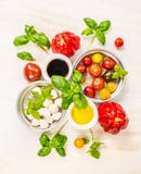 Bowla med mozzarellaen, tomater, basilika, olje- och vinäger, ingredienser för salladdanande fotografering för bildbyråer Bowla med mozzarellaen, tomater, basilika, olje- och vinäger, ingredienser för salladdanande fotografering för bildbyråer