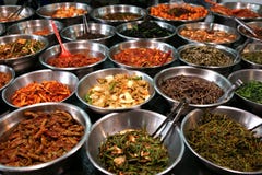 Bowls of kimchi on a Korean traditonal food market