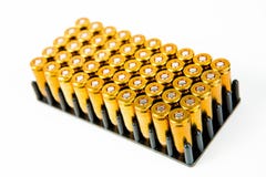 Box of 50 pieces of 9 mm pistol ammunition - black plastic container stock photo Box of 50 pieces of 9 mm pistol ammunition - black plastic container stock photo