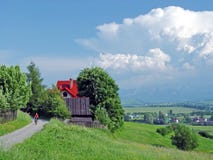 Boy on the bicycle in mountain village in summer stock photo Boy on the bicycle in mountain village in summer stock photo