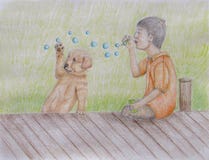 Boy Blowing bubbles for his Puppy Stock Photo