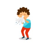 Boy blowing her nose with a tissue, kid caught a flu vector Illustration on a white background vector illustration Boy blowing her nose with a tissue, kid caught a flu vector Illustration on a white background vector illustration