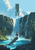 Boy Discovers Floating Monolith Above Waterfall. A young boy stands on a log in a glowing blue pool beneath a massive waterfall while a mysterious floating