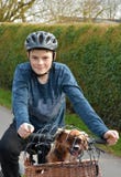 Boy transports his dog in a bike basket