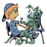 The boy sits at the computer. Monitor crawling with monsters and game characters royalty free illustration The boy sits at the computer. Monitor crawling with monsters and game characters royalty free illustration