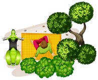 A boy sitting on a mat beside the motorcycle stock illustration A boy sitting on a mat beside the motorcycle stock illustration