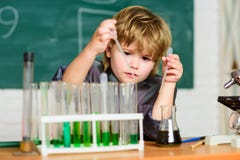 Boy test tubes colorful liquids chemistry school classroom. Kid study chemistry. Biotechnology and pharmacy. Genius stock photo Boy test tubes colorful liquids chemistry school classroom. Kid study chemistry. Biotechnology and pharmacy. Genius stock photo